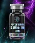 Vial labeled 'Peptide Therapy 5-Amino-1MQ 50MG' with a dark background and DNA strands.