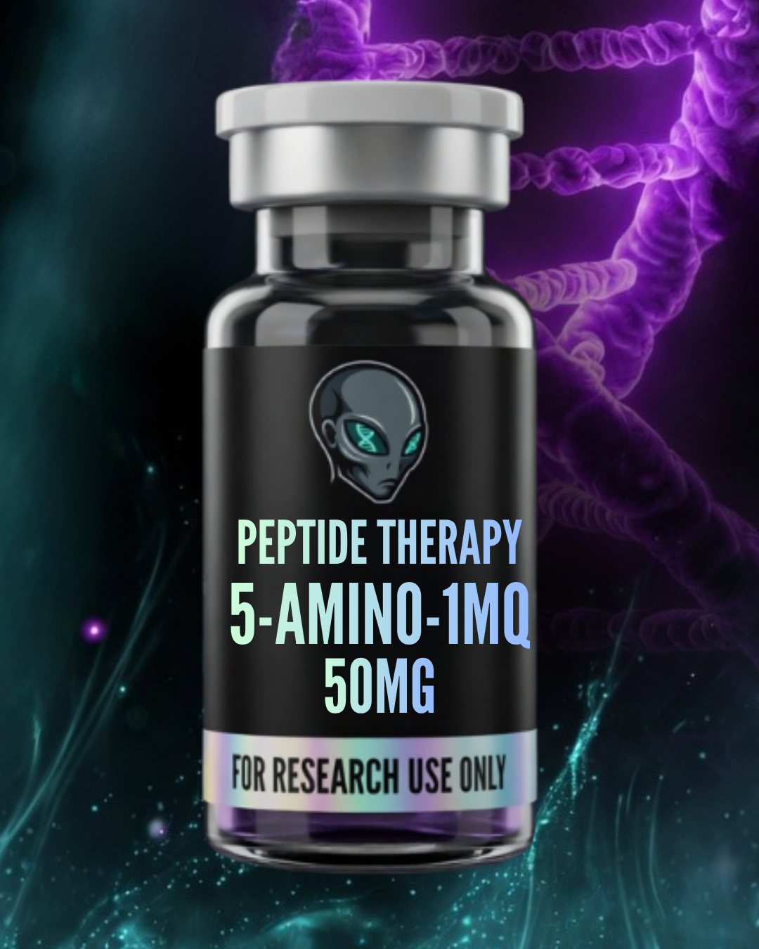 Vial labeled 'Peptide Therapy 5-Amino-1MQ 50MG' with a dark background and DNA strands.