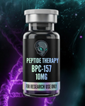 Vial labeled 'Peptide Therapy BPC-157 10MG' with a dark background and abstract designs.