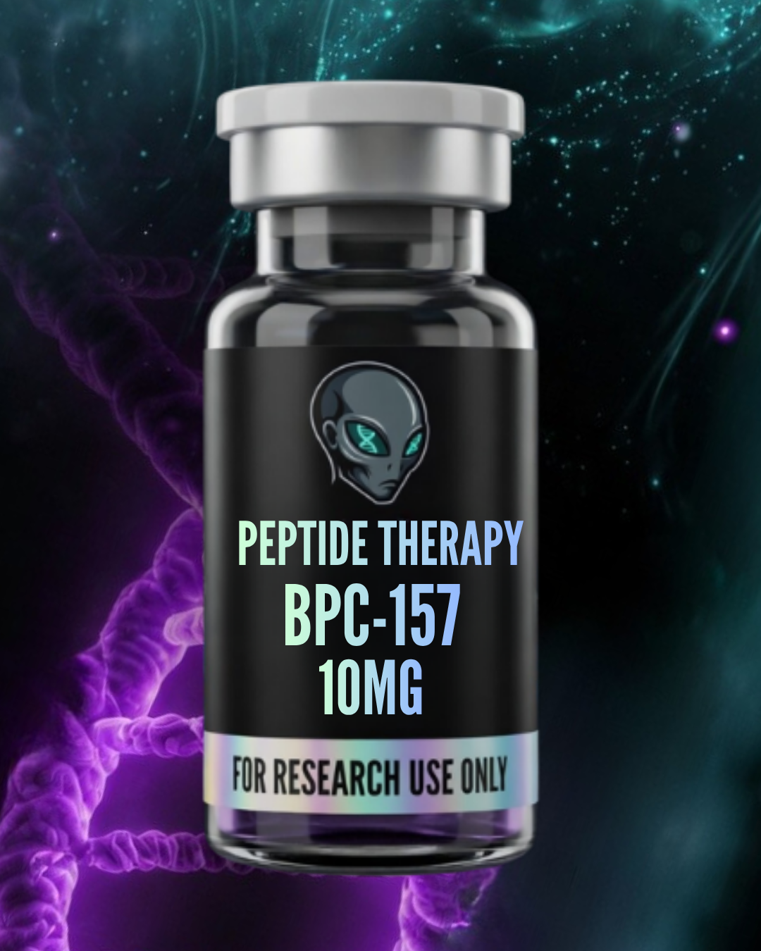 Vial labeled 'Peptide Therapy BPC-157 10MG' with a dark background and abstract designs.