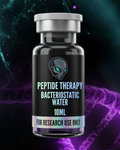 Bottle labeled 'Peptide Therapy Bacteriostatic Water' with an alien head logo on a dark background.