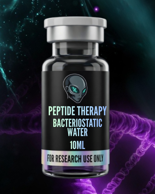 Bottle labeled 'Peptide Therapy Bacteriostatic Water' with an alien head logo on a dark background.