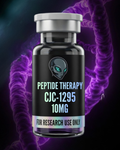 Vial labeled 'Peptide Therapy CJC-1295 10MG' with a dark background and purple abstract design.