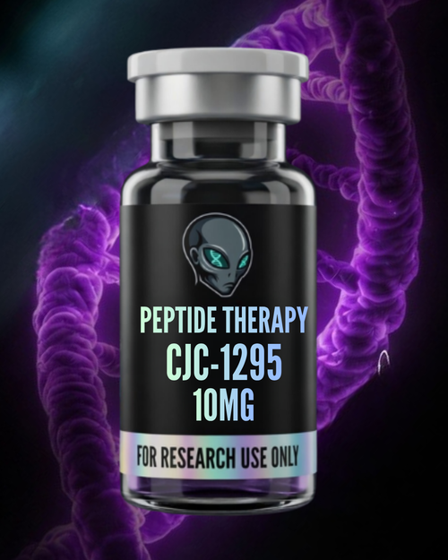 Vial labeled 'Peptide Therapy CJC-1295 10MG' with a dark background and purple abstract design.