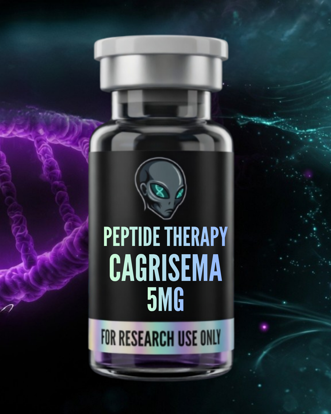 Vial labeled 'Peptide Therapy Cagrisema 5MG' with a DNA strand in the background