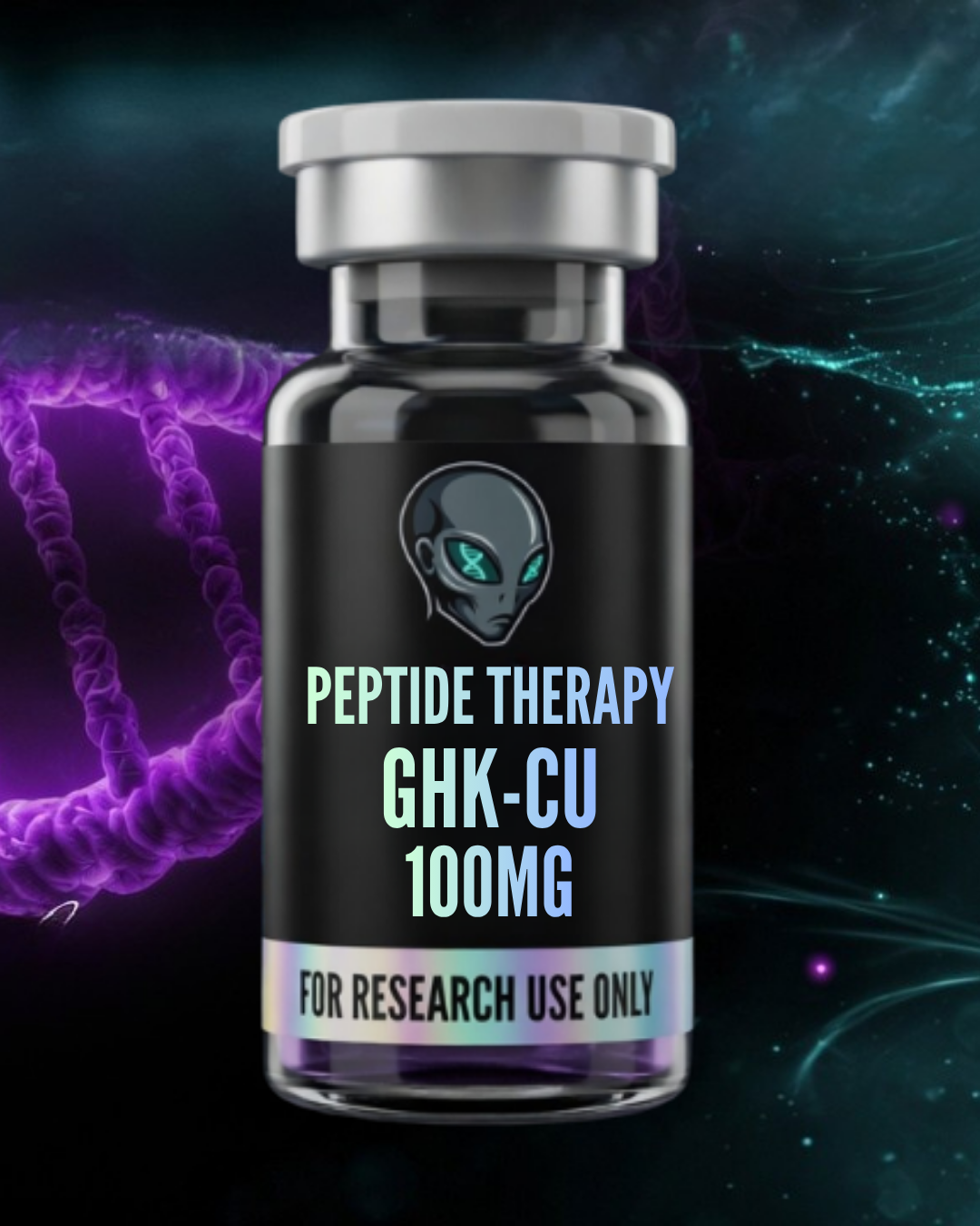 Vial labeled 'Peptide Therapy GHK-CU 100MG' with an alien head logo on a dark background.
