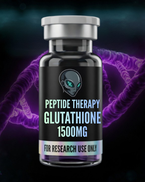 Bottle labeled 'Peptide Therapy Glutathione 1500MG' with a dark background and DNA strands.