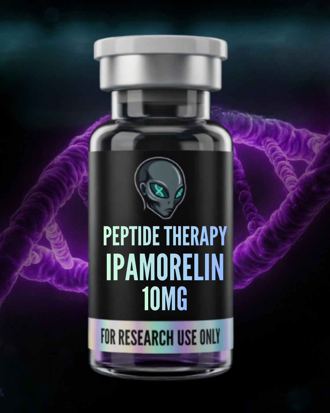Vial labeled 'Peptide Therapy Ipamorelin 10MG' with a DNA strand in the background