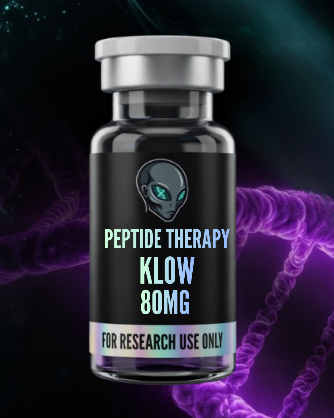 Peptide therapy vial labeled 'KLOW 80MG' with a dark background and DNA strands.