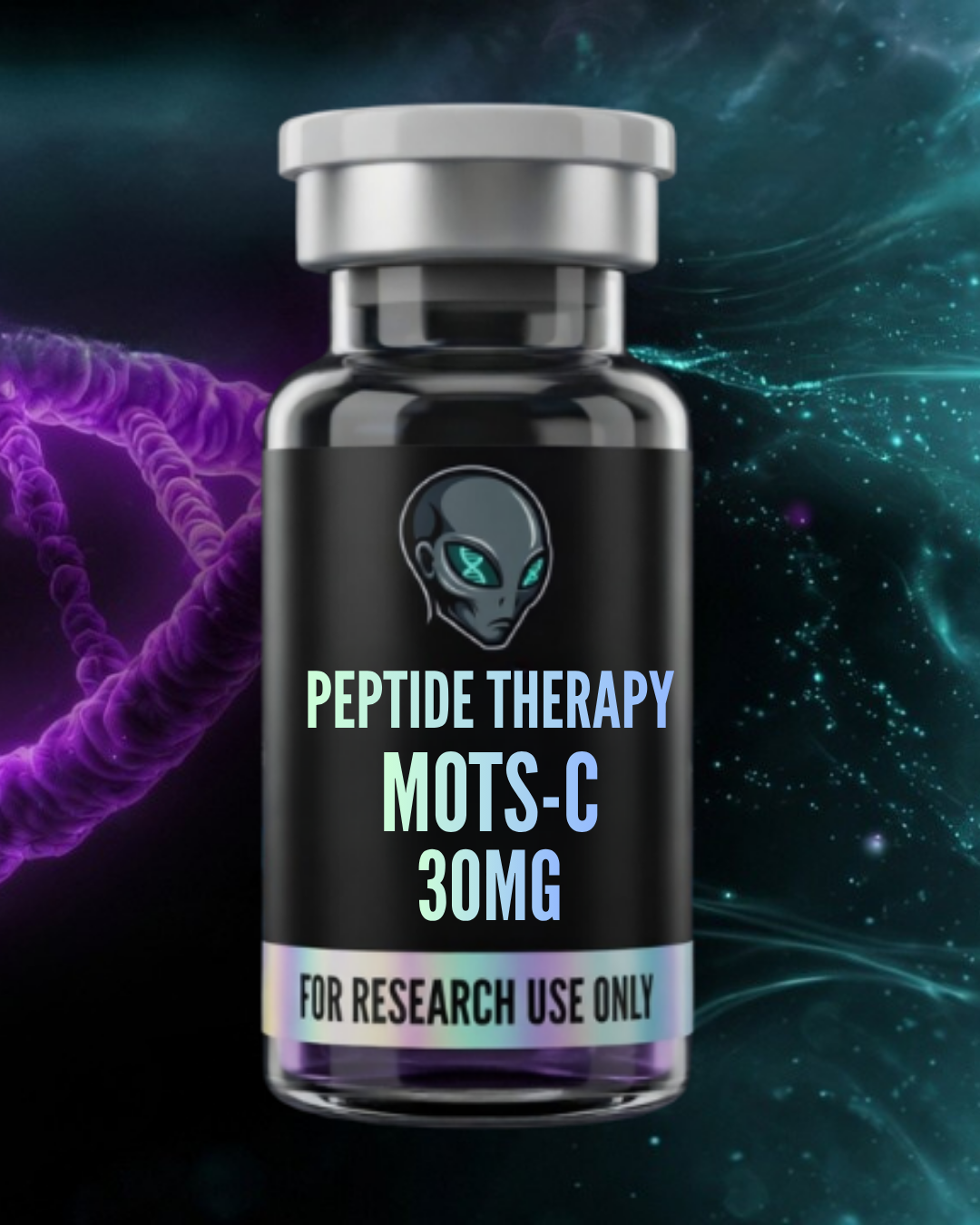 Peptide therapy vial labeled 'MOTS-C 30MG' with a dark background and abstract designs.