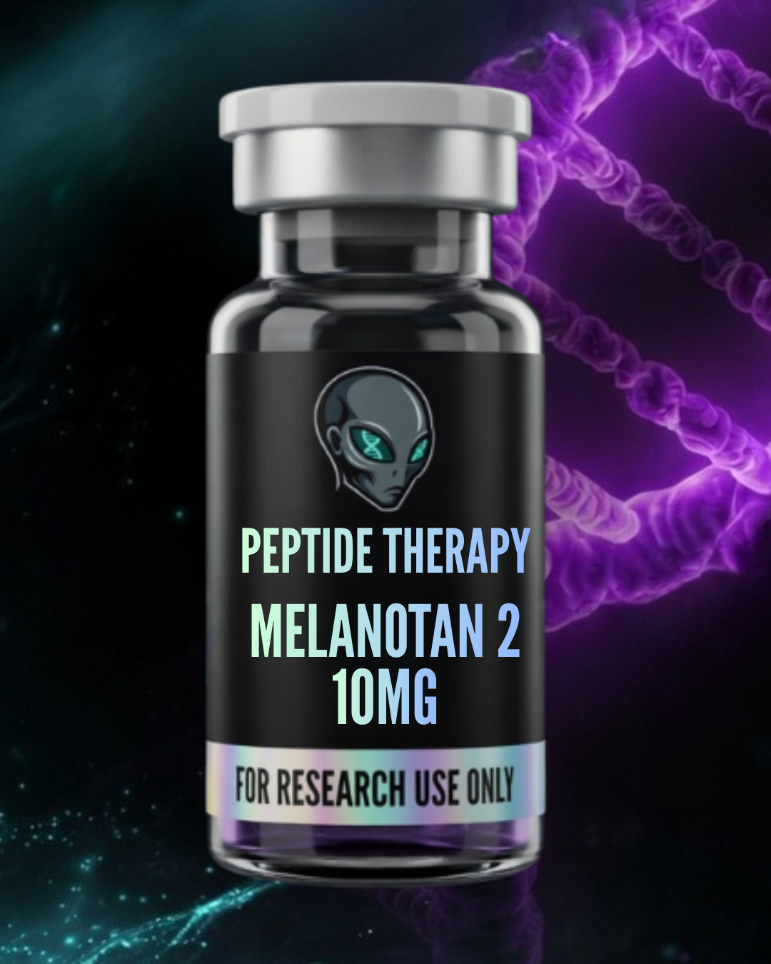 Vial labeled 'Peptide Therapy Melanotan 2 10MG' with a dark background and abstract designs.
