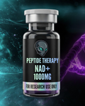 Vial labeled 'Peptide Therapy NAD+ 1000MG' with a space-themed background