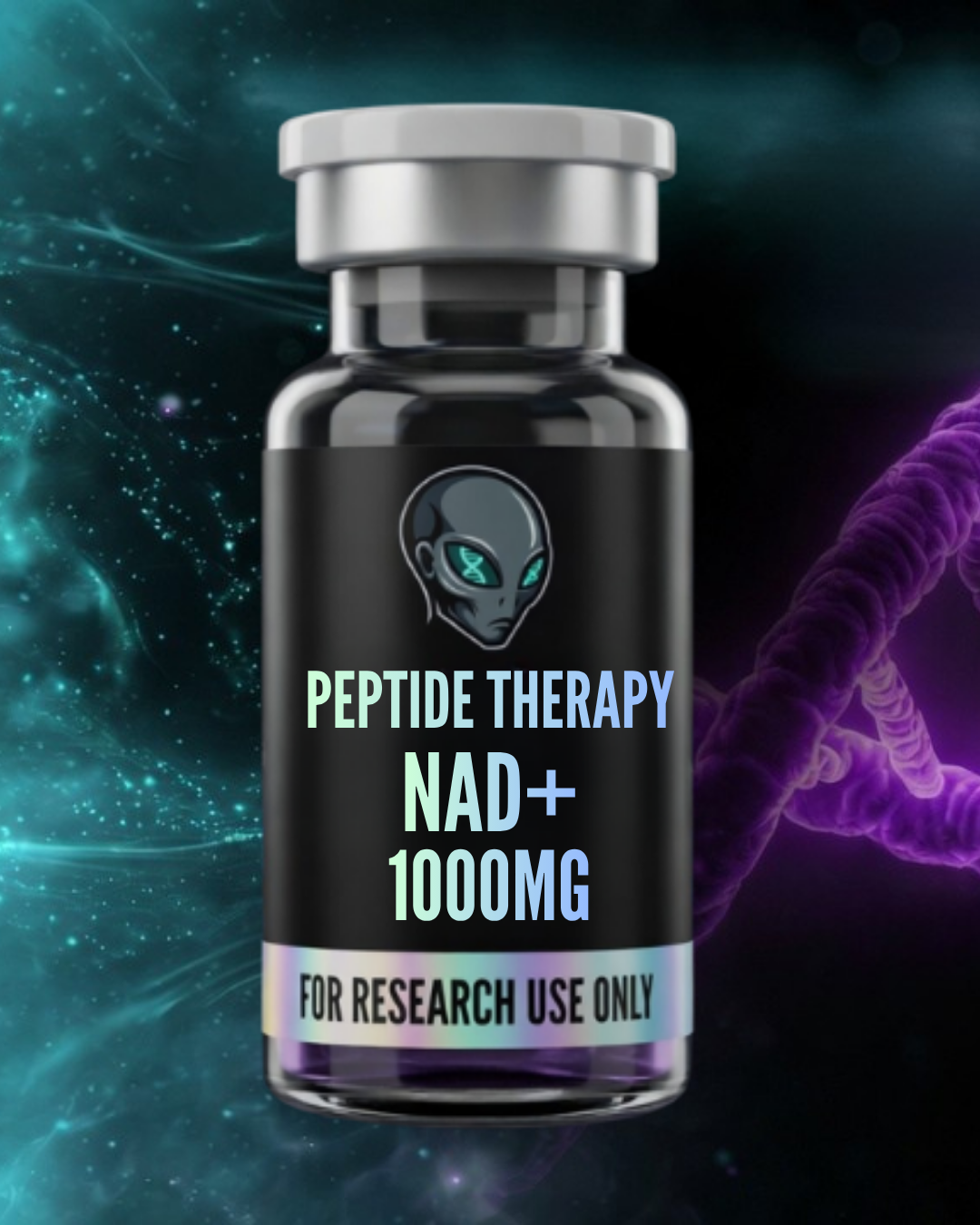Vial labeled 'Peptide Therapy NAD+ 1000MG' with a space-themed background