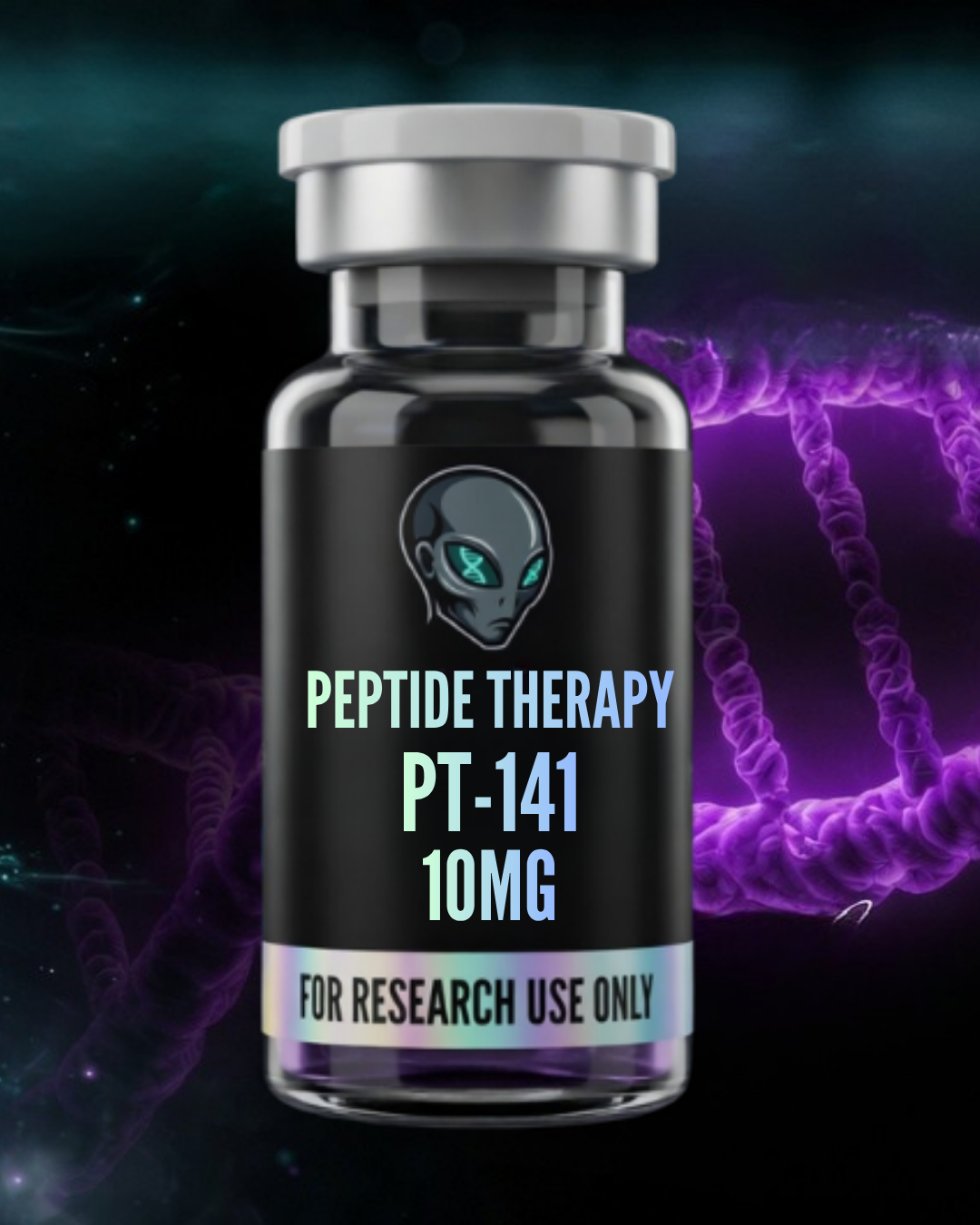 Peptide therapy vial labeled PT-141 10MG with a dark background and abstract designs.