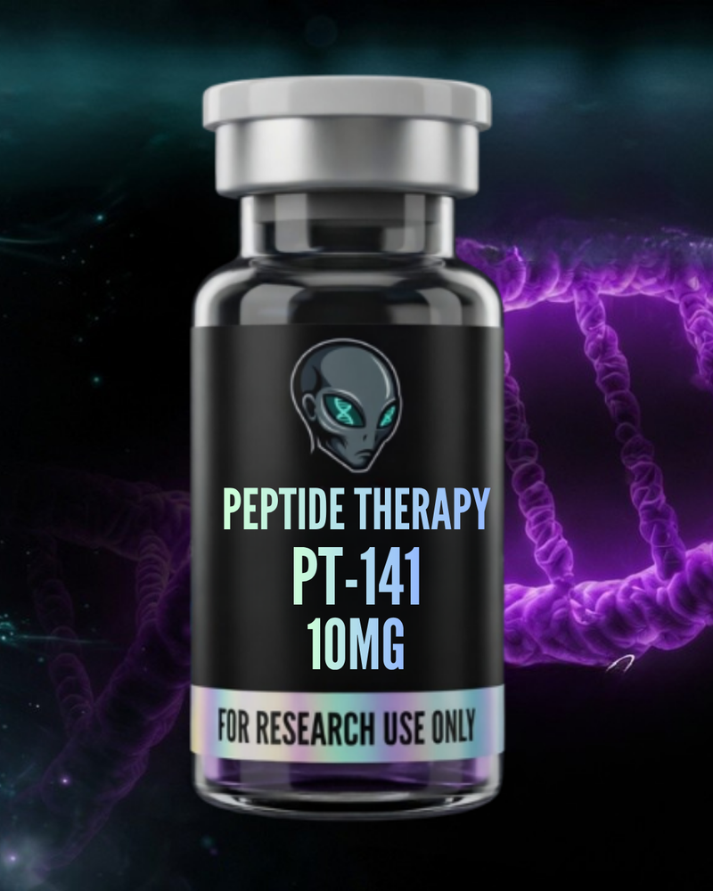 Peptide therapy vial labeled PT-141 10MG with a dark background and abstract designs.