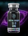 Peptide therapy vial labeled SS-31 50MG with a dark background and DNA strands.