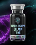 Peptide therapy vial labeled 'PEPTIDE THERAPY SELANK 10MG' with a dark background and DNA strands.
