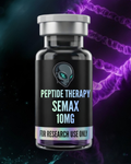 Vial labeled 'Peptide Therapy SEMAX 10MG' with a dark background and purple molecular structure.