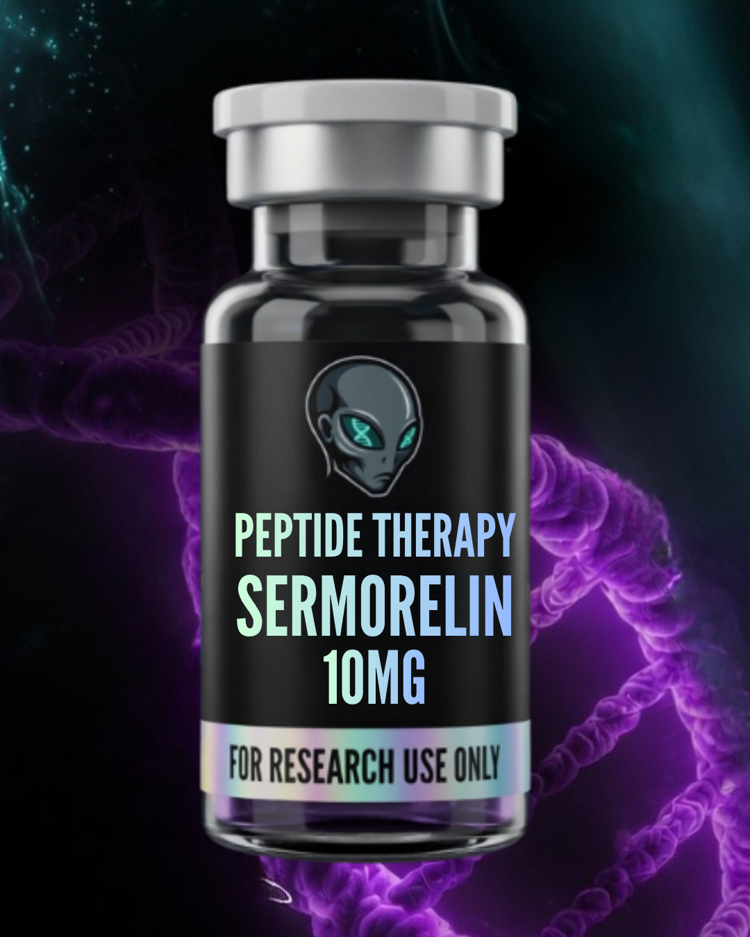 Vial labeled 'Peptide Therapy Sermorelin 10MG' with a dark background