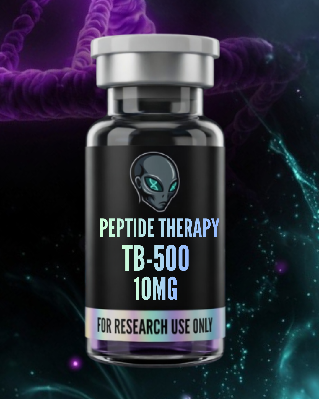 Peptide therapy vial labeled TB-500 10MG with a dark background