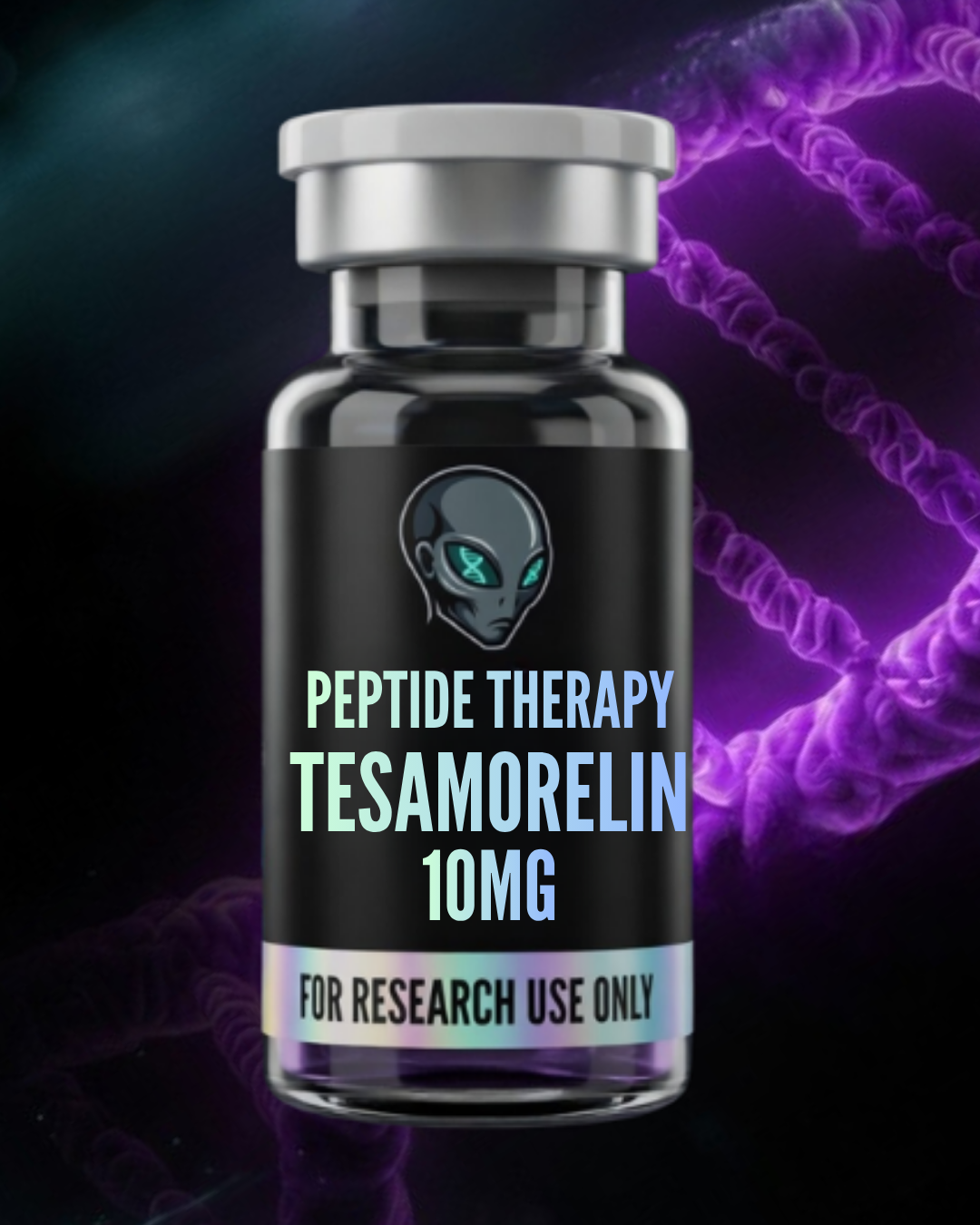 Vial labeled 'Peptide Therapy Tesamorelin 10MG' with a dark background and DNA strands.