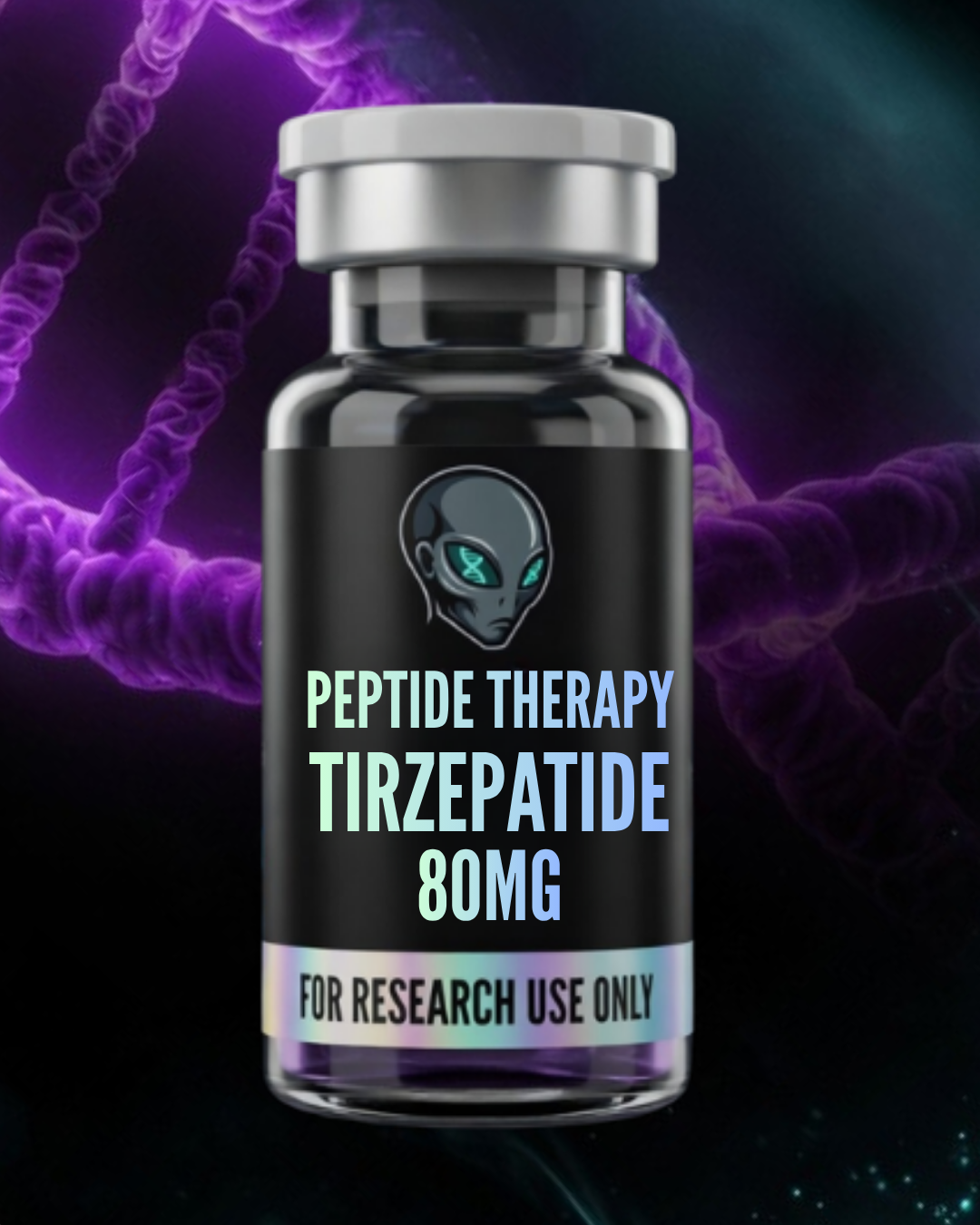 Vial labeled 'Peptide Therapy Tirzepatide 80MG' with a black background and purple energy effect.