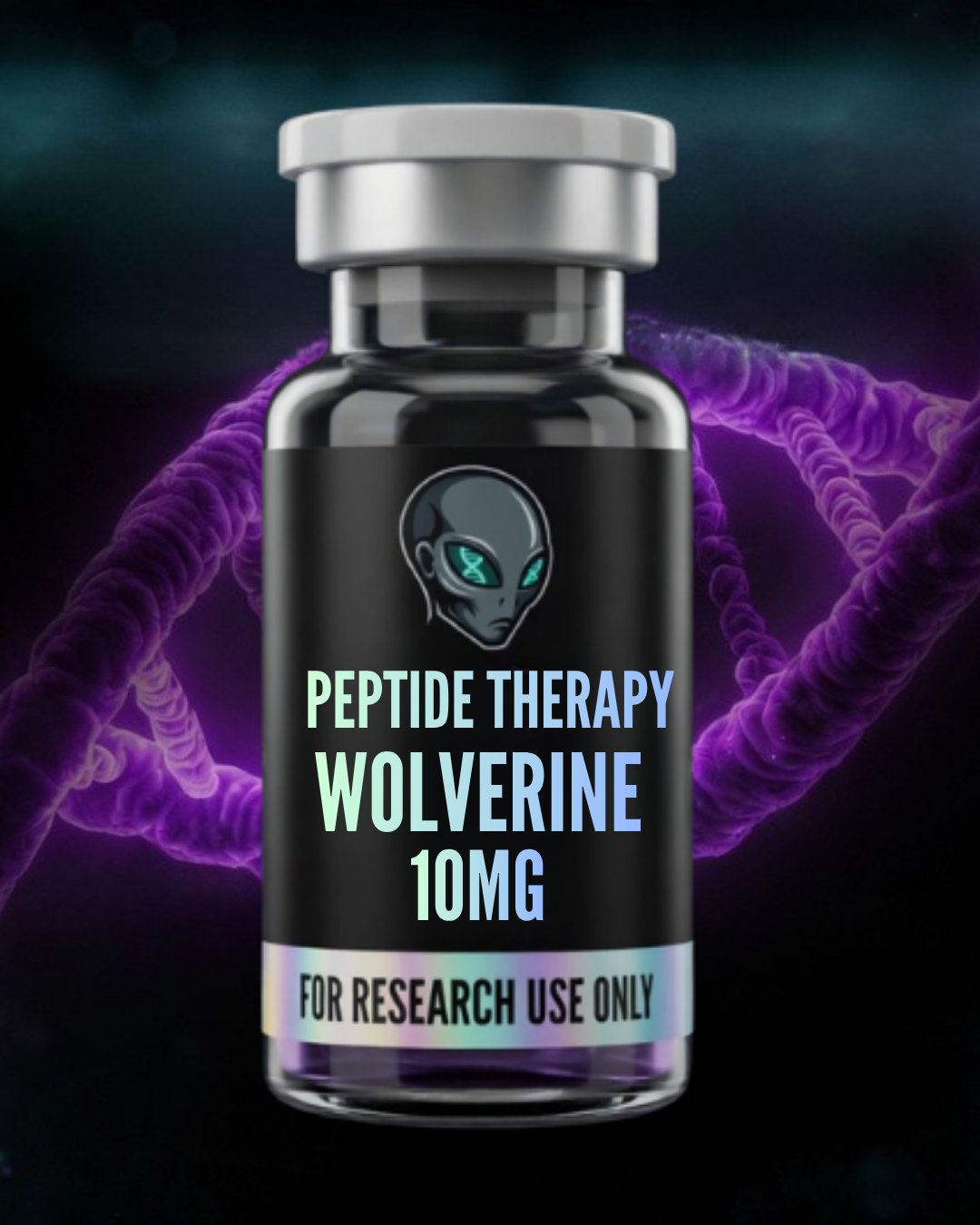 Peptide therapy vial labeled 'Wolverine 10MG' with a dark background and DNA strands.